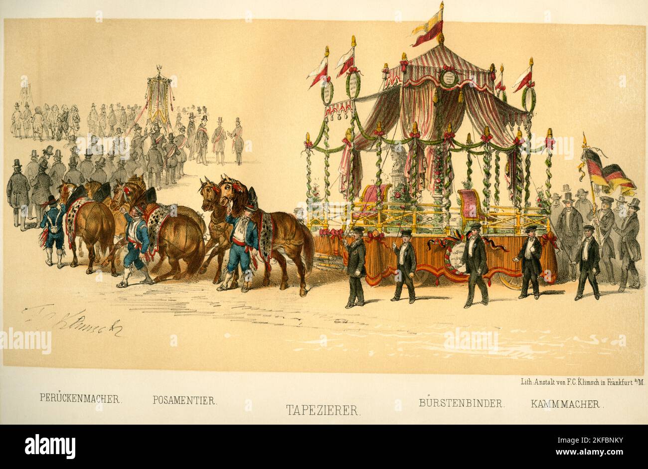 Europa, Deutschland, Hessen, Frankfurt am Main, Zug der Perückenmacher, Posamentier, Tapetierer, Bürstenbinder, Kammmacher , Motiv aus : Gedanke-Buch zu Friedrich von Schiller`s Hundertjähriger Geburtfeier, gebeten in Frankfurt am Main den 10. November 1859 . Eine Festausgabe herausgegeben unter freundlichem Mitwirken der betheiligen Körperschaften , gezeichnet von F. C. Klimsch, Verlag von Heinrich Keller, Frankfurt am Main, 1860 . / Europa, Deutschland, Hessen, Frankfurt am Main, Eskorte von Wigmaker, Handwerker, Dekorateure, Papieraufhänger, Scheuersaugmaschinen, Kämmmaschinen , Bild aus : Gedenkbuch z Stockfoto